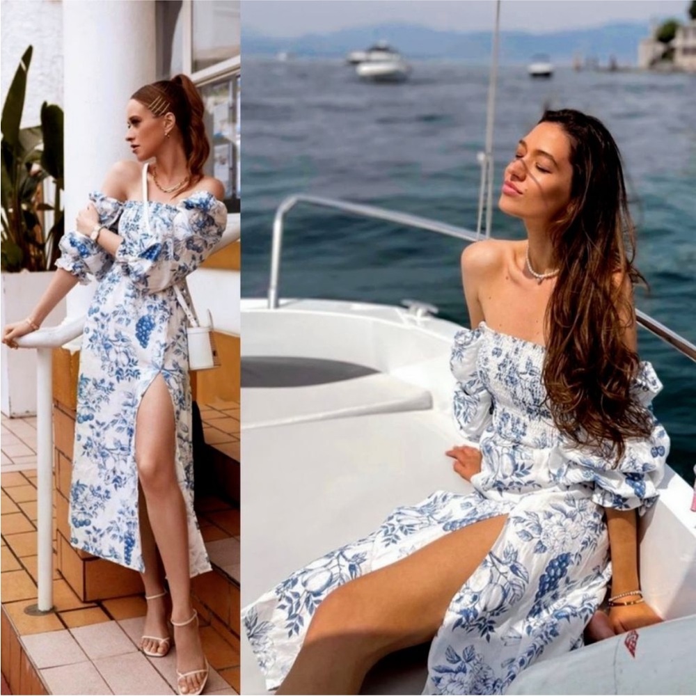 Reformation White & Blue Floral Off-Shoulder Midi Dress